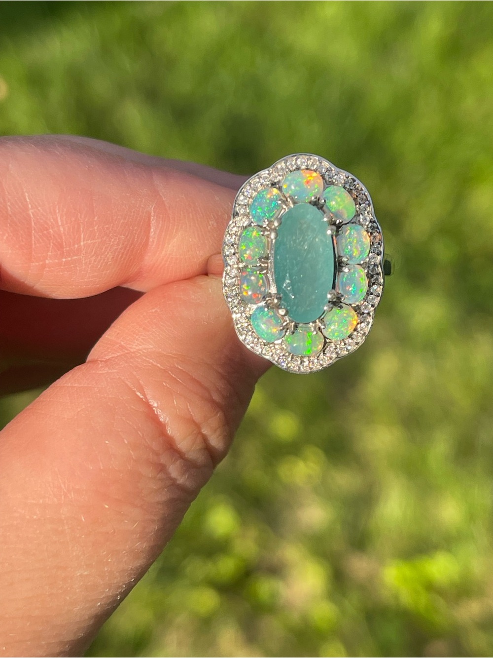 Grandidierite and Opal Halo Ring